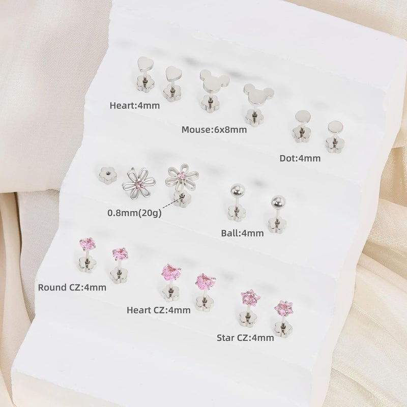 DALI Hypoallergenic 14K Gold Earrings for Girls Women, Toddler Screw Back Baby Earrings for Sensitive Ears Silver Kids Earrings Cute Flower Heart Star Ball Dot Mouse Titanium Flat Back Stud Earring Sets - Image 5